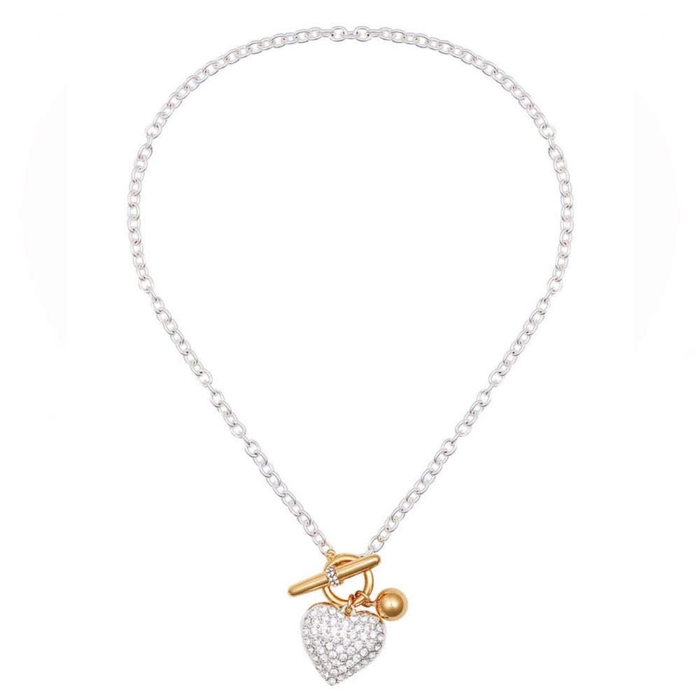 NWT, Guess Two Tone Rhinestone Heart Pendant Necklace with Toggle Closure, 18 in